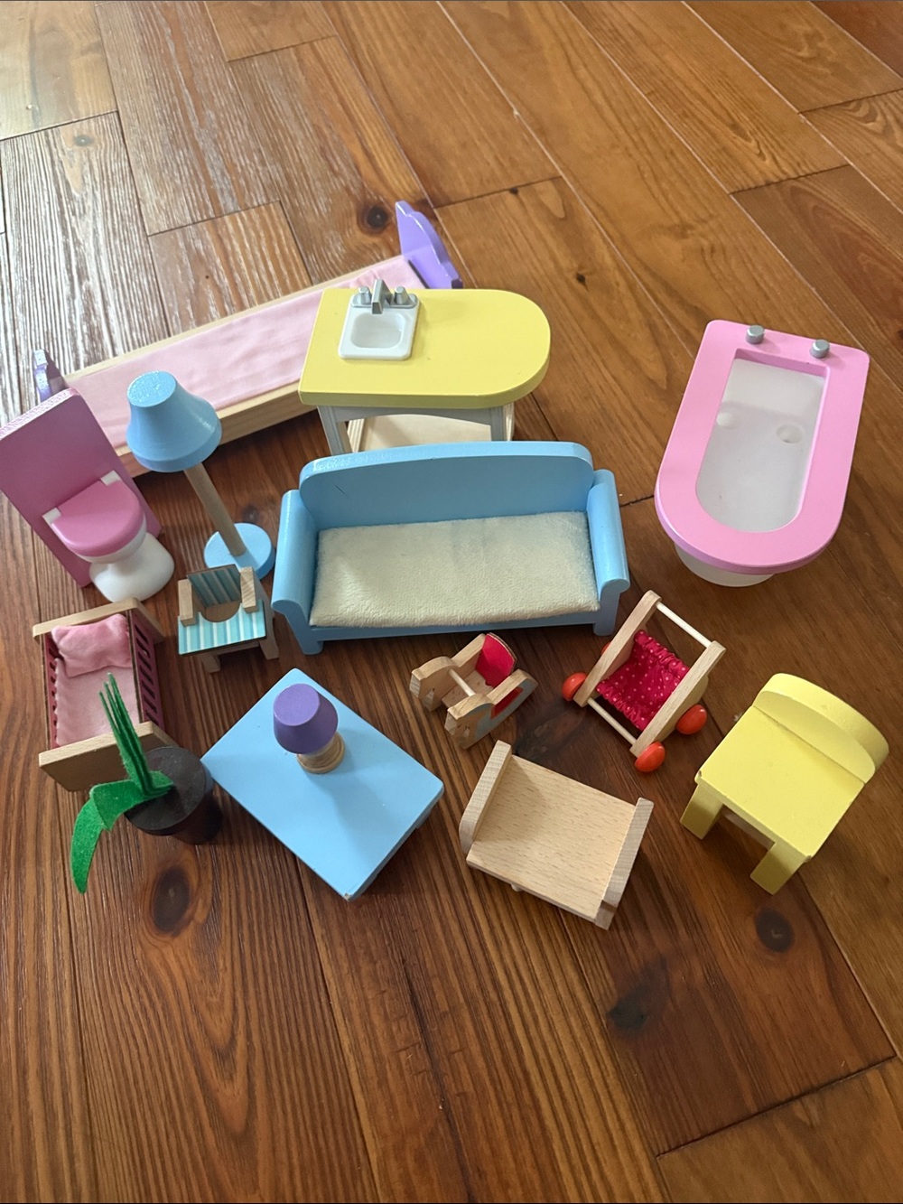 Mini Wooden Dollhouse Furniture Set - Pastel Blue, Pink & Yellow